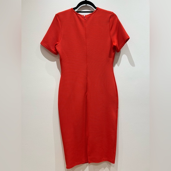 Red Ribbed Pencil Dress with Corset Seam Details - Picture 2 of 3
